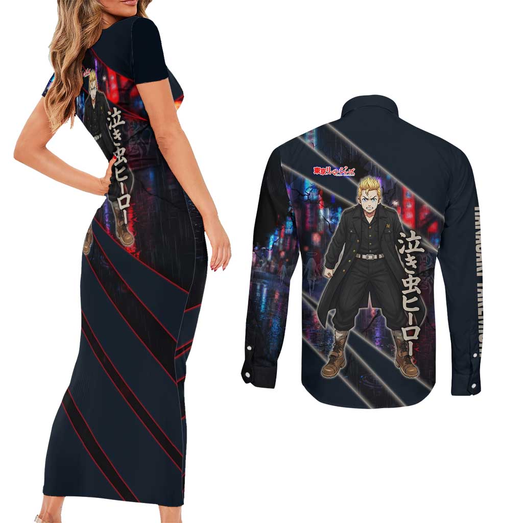 Hanagaki Takemichi Naoto Couples Matching Short Sleeve Bodycon Dress and Long Sleeve Button Shirt Neon Time-Travel Urban Art Style