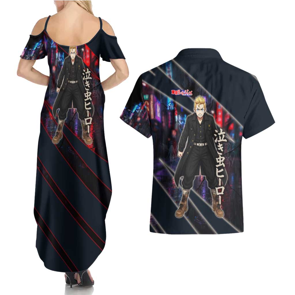 Hanagaki Takemichi Naoto Couples Matching Summer Maxi Dress and Hawaiian Shirt Neon Time-Travel Urban Art Style