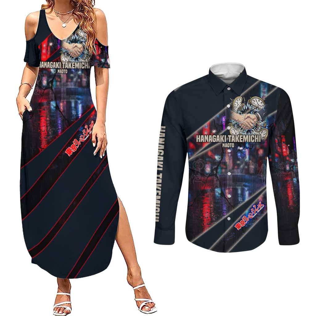 Hanagaki Takemichi Naoto Couples Matching Summer Maxi Dress and Long Sleeve Button Shirt Neon Time-Travel Urban Art Style
