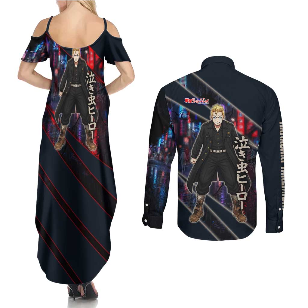 Hanagaki Takemichi Naoto Couples Matching Summer Maxi Dress and Long Sleeve Button Shirt Neon Time-Travel Urban Art Style