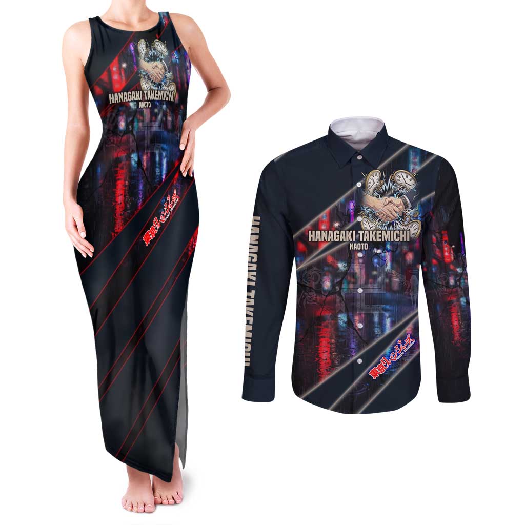 Hanagaki Takemichi Naoto Couples Matching Tank Maxi Dress and Long Sleeve Button Shirt Neon Time-Travel Urban Art Style