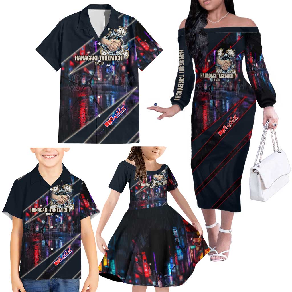Hanagaki Takemichi Naoto Family Matching Off The Shoulder Long Sleeve Dress and Hawaiian Shirt Neon Time-Travel Urban Art Style