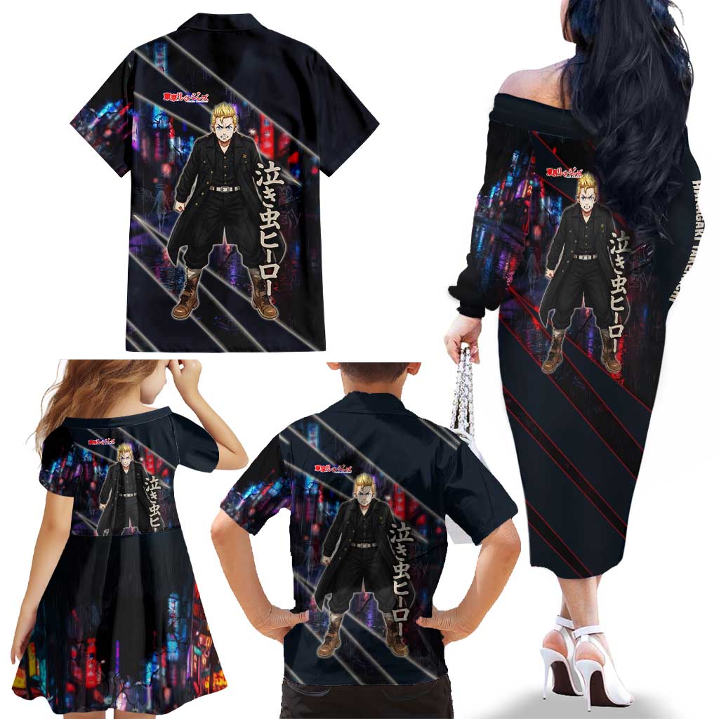 Hanagaki Takemichi Naoto Family Matching Off The Shoulder Long Sleeve Dress and Hawaiian Shirt Neon Time-Travel Urban Art Style