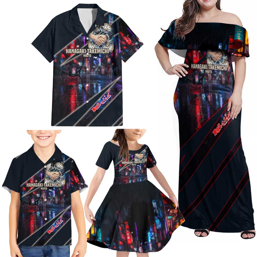 Hanagaki Takemichi Naoto Family Matching Off Shoulder Maxi Dress and Hawaiian Shirt Neon Time-Travel Urban Art Style