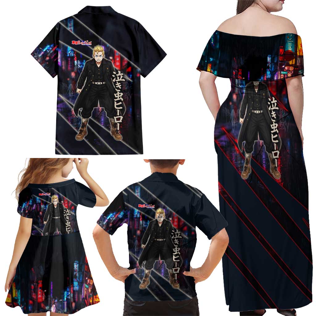 Hanagaki Takemichi Naoto Family Matching Off Shoulder Maxi Dress and Hawaiian Shirt Neon Time-Travel Urban Art Style
