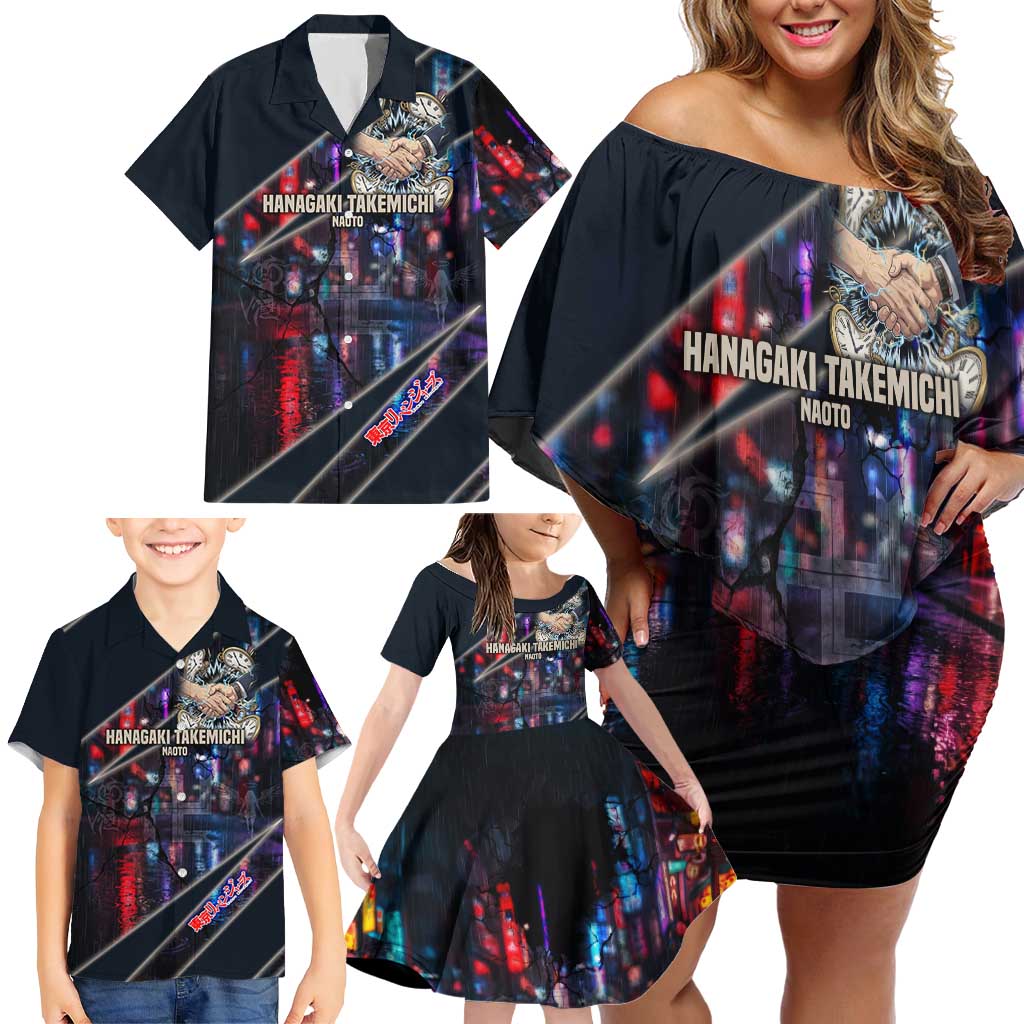 Hanagaki Takemichi Naoto Family Matching Off Shoulder Short Dress and Hawaiian Shirt Neon Time-Travel Urban Art Style