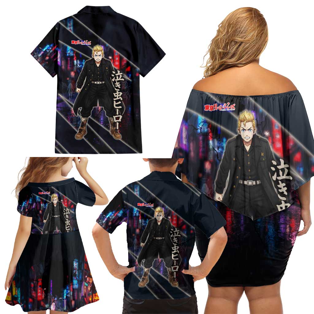 Hanagaki Takemichi Naoto Family Matching Off Shoulder Short Dress and Hawaiian Shirt Neon Time-Travel Urban Art Style
