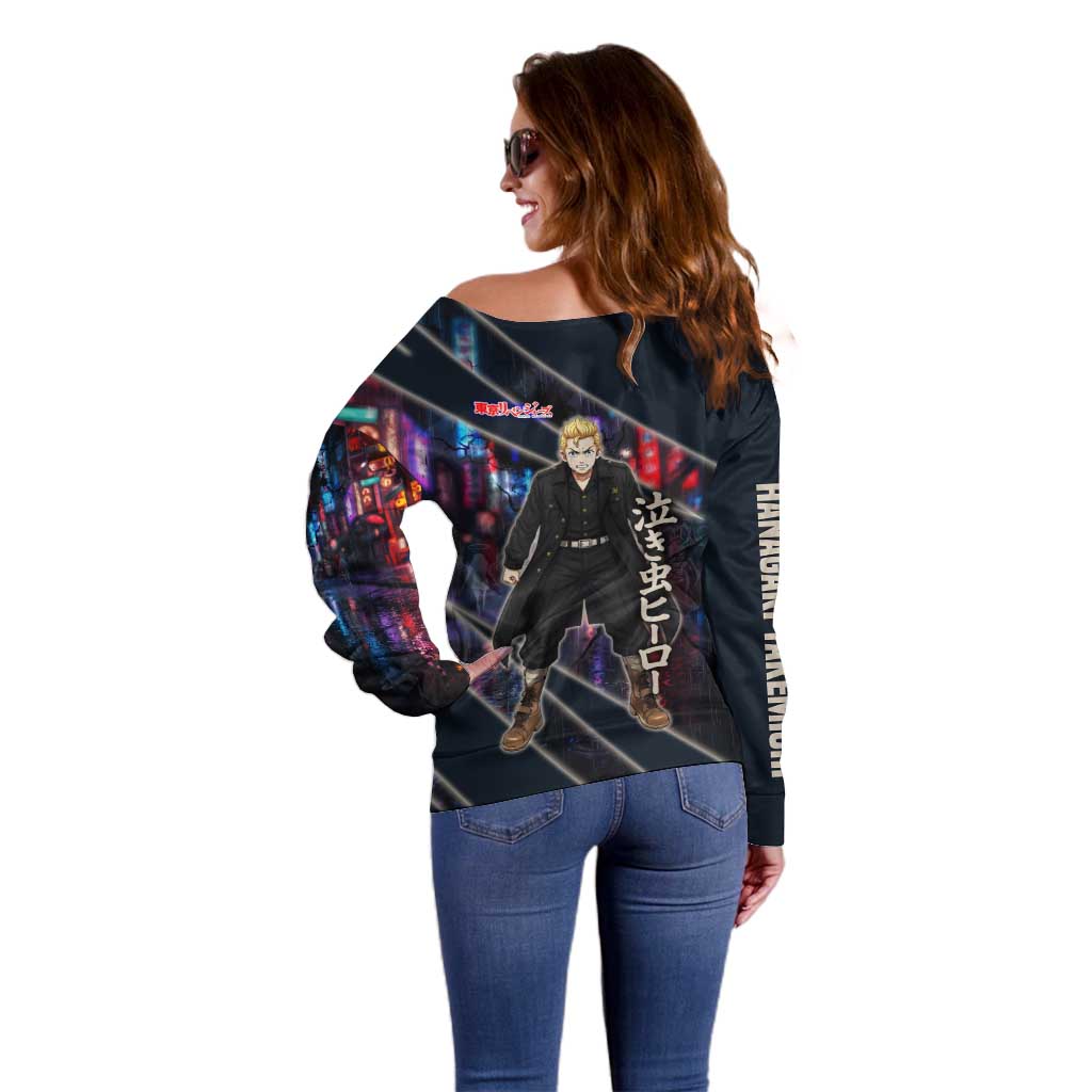 Hanagaki Takemichi Naoto Off Shoulder Sweater Neon Time-Travel Urban Art Style