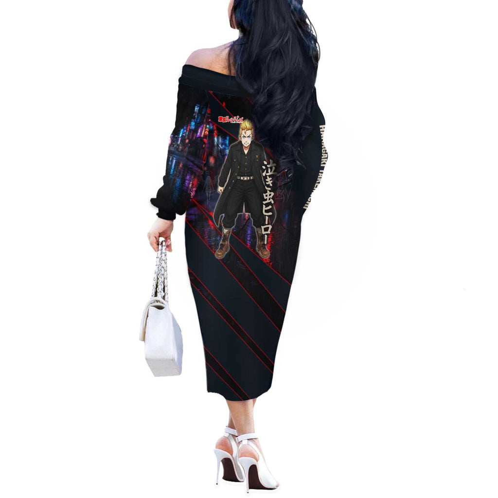 Hanagaki Takemichi Naoto Off The Shoulder Long Sleeve Dress Neon Time-Travel Urban Art Style