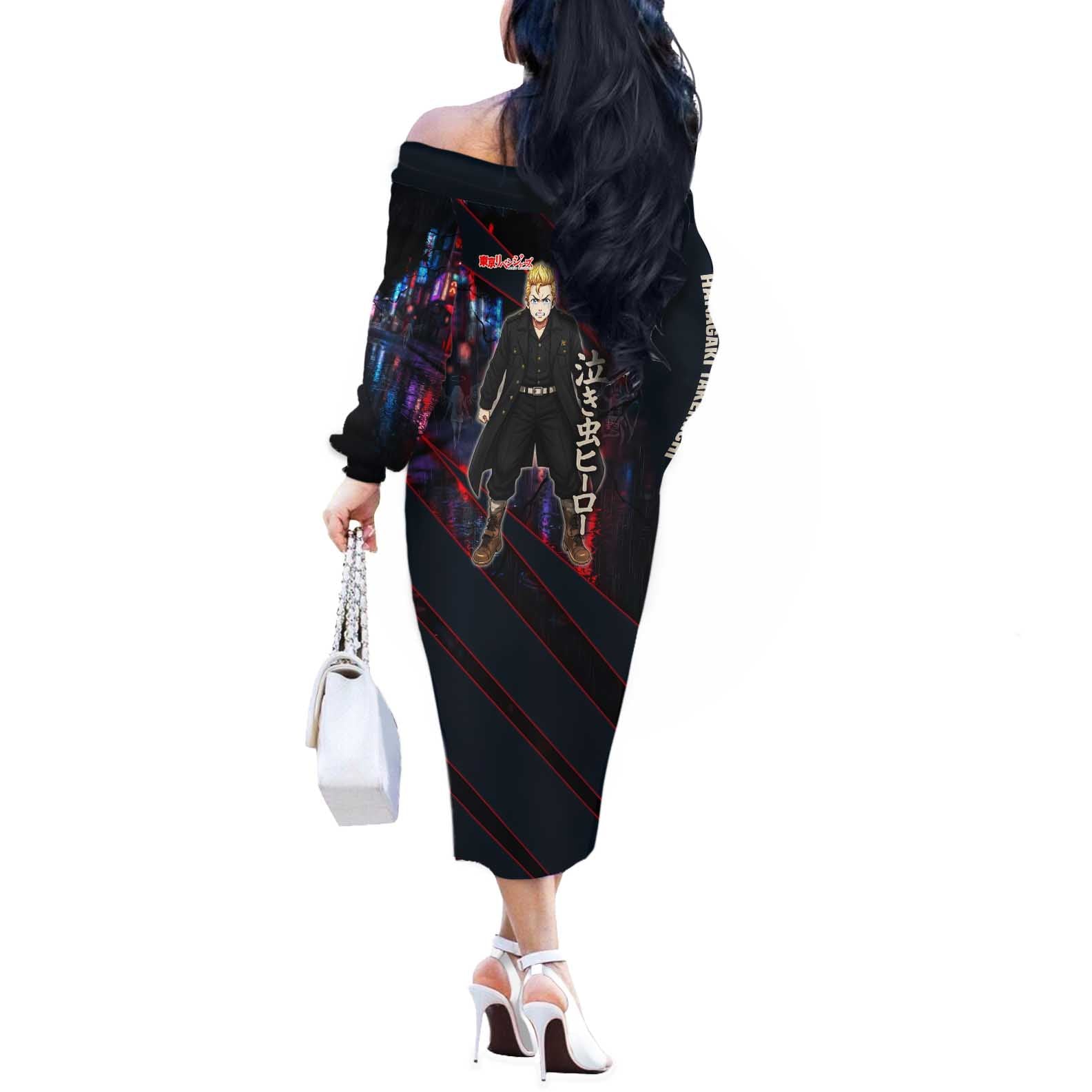 Hanagaki Takemichi Naoto Off The Shoulder Long Sleeve Dress Neon Time-Travel Urban Art Style