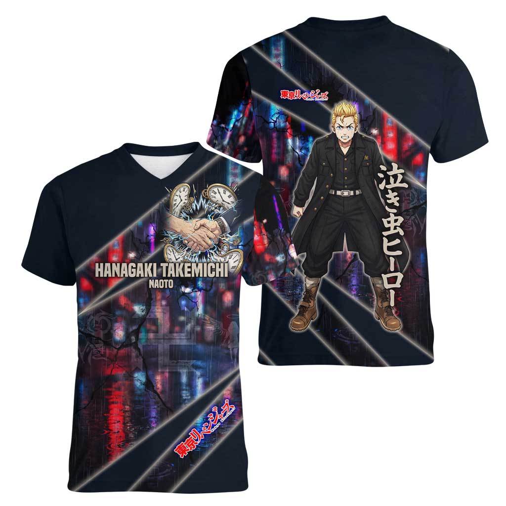 Hanagaki Takemichi Naoto Women V-Neck T-Shirt Neon Time-Travel Urban Art Style