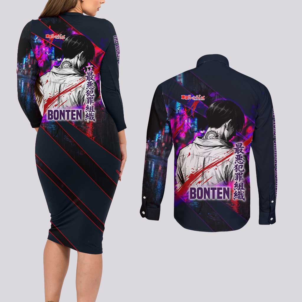 Bonten Era The Darkest Future Couples Matching Long Sleeve Bodycon Dress and Long Sleeve Button Shirt Cyberpunk Noir Gang Art Style