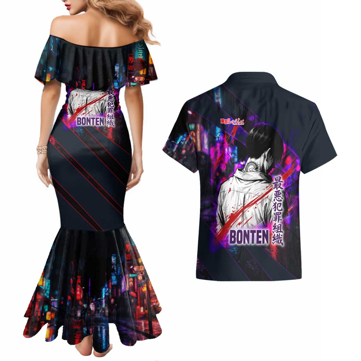 Bonten Era The Darkest Future Couples Matching Mermaid Dress and Hawaiian Shirt Cyberpunk Noir Gang Art Style