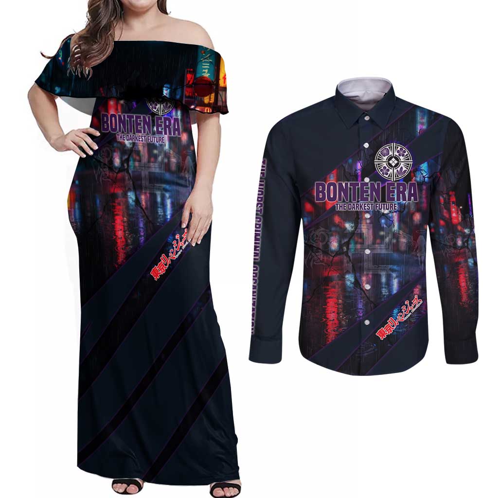 Bonten Era The Darkest Future Couples Matching Off Shoulder Maxi Dress and Long Sleeve Button Shirt Cyberpunk Noir Gang Art Style