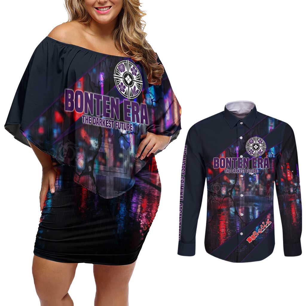 Bonten Era The Darkest Future Couples Matching Off Shoulder Short Dress and Long Sleeve Button Shirt Cyberpunk Noir Gang Art Style