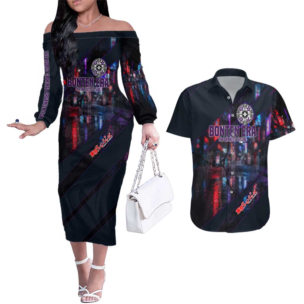 Bonten Era The Darkest Future Couples Matching Off The Shoulder Long Sleeve Dress and Hawaiian Shirt Cyberpunk Noir Gang Art Style