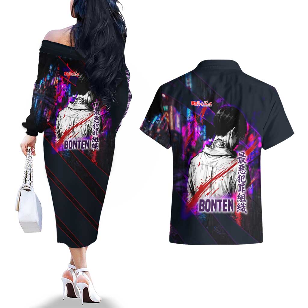 Bonten Era The Darkest Future Couples Matching Off The Shoulder Long Sleeve Dress and Hawaiian Shirt Cyberpunk Noir Gang Art Style