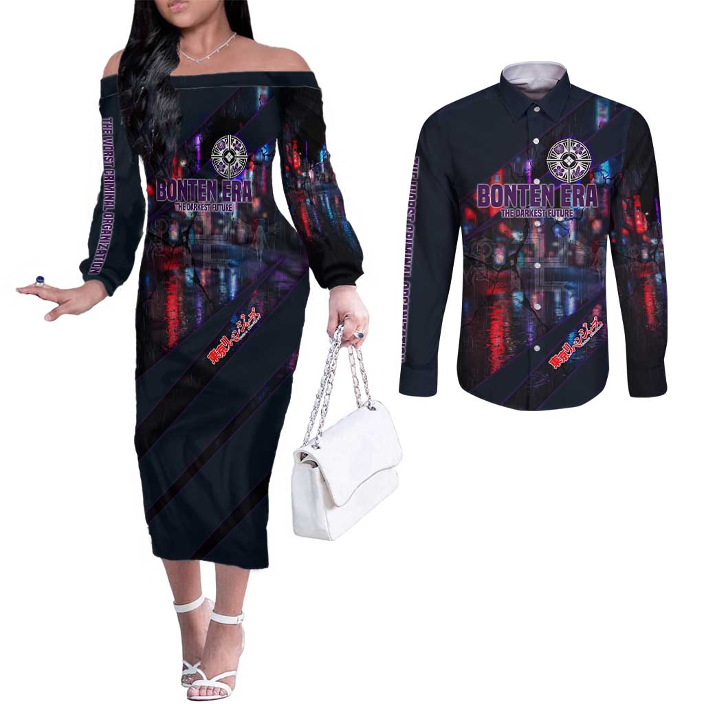 Bonten Era The Darkest Future Couples Matching Off The Shoulder Long Sleeve Dress and Long Sleeve Button Shirt Cyberpunk Noir Gang Art Style