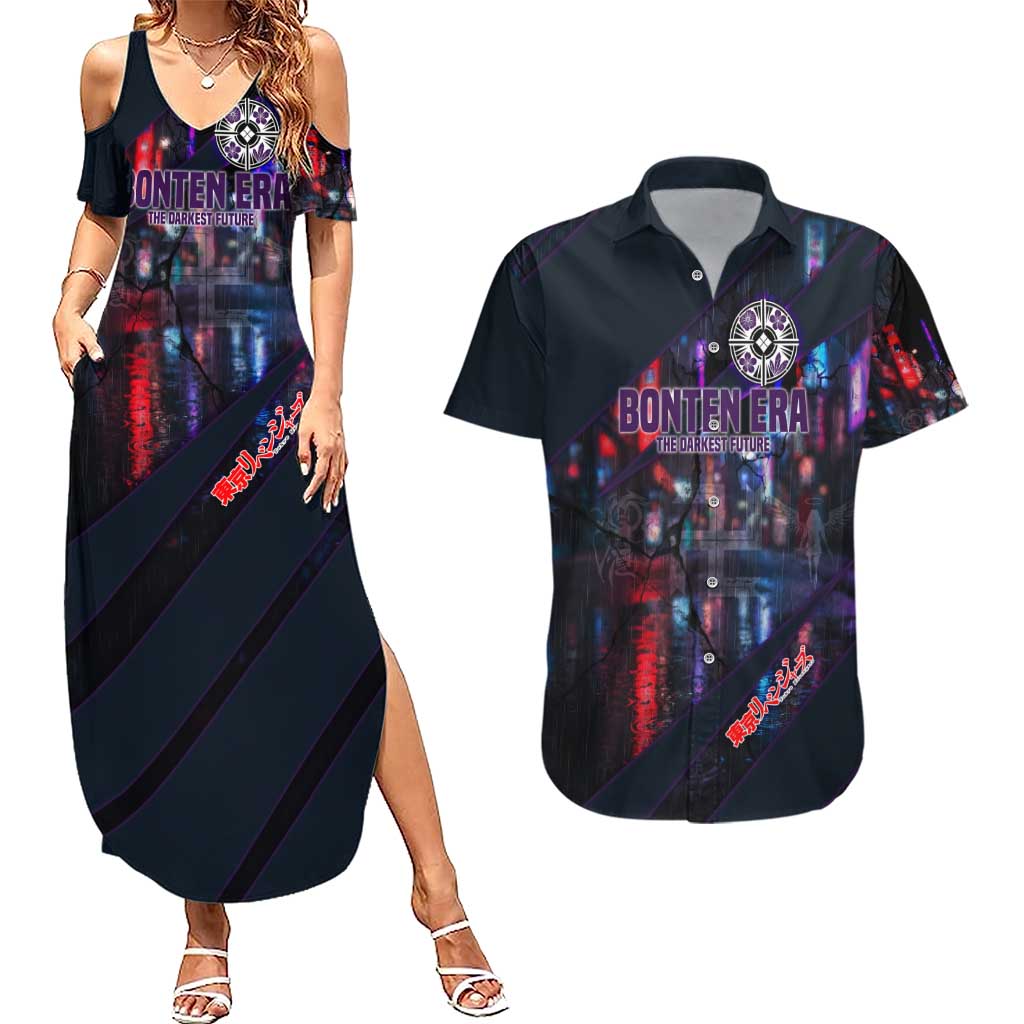 Bonten Era The Darkest Future Couples Matching Summer Maxi Dress and Hawaiian Shirt Cyberpunk Noir Gang Art Style
