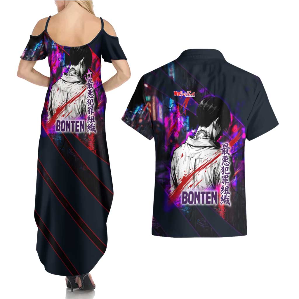 Bonten Era The Darkest Future Couples Matching Summer Maxi Dress and Hawaiian Shirt Cyberpunk Noir Gang Art Style