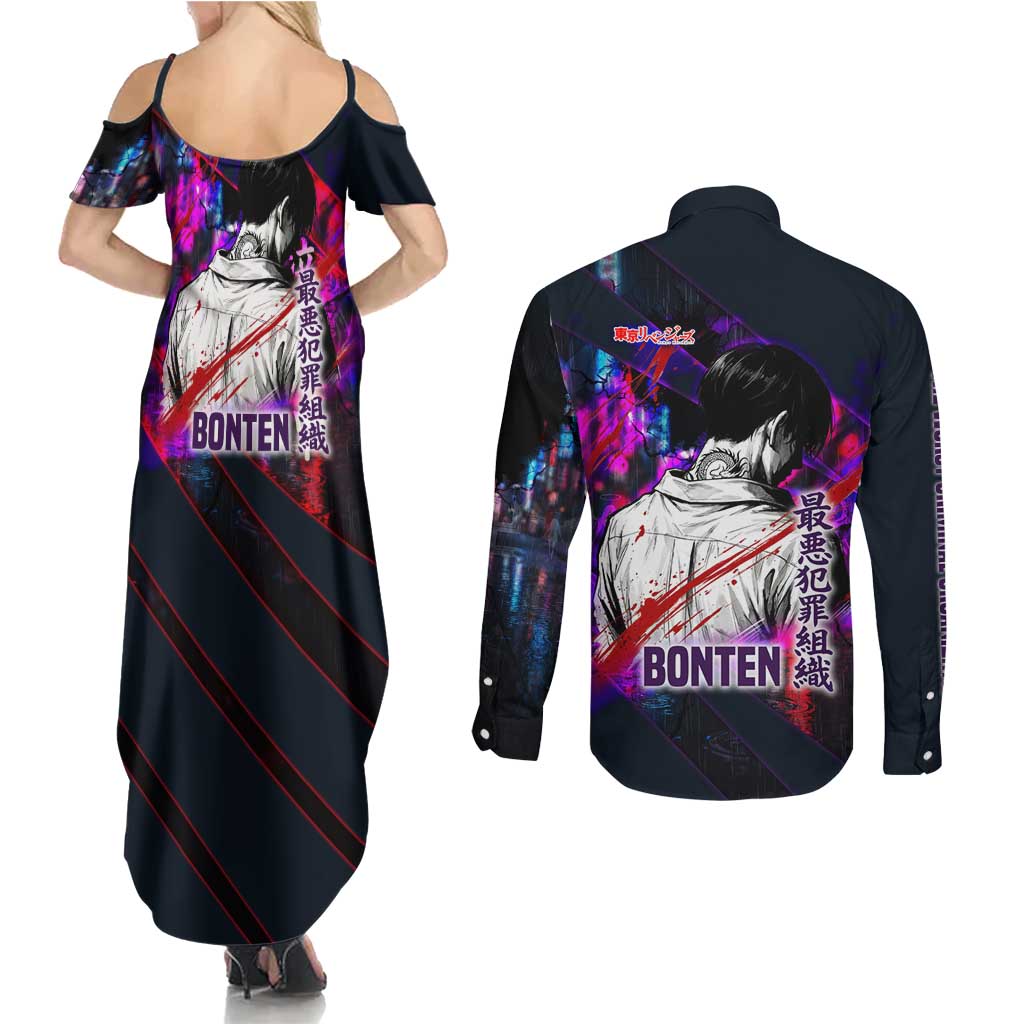 Bonten Era The Darkest Future Couples Matching Summer Maxi Dress and Long Sleeve Button Shirt Cyberpunk Noir Gang Art Style