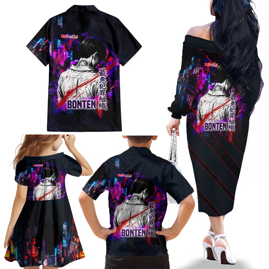 Bonten Era The Darkest Future Family Matching Off The Shoulder Long Sleeve Dress and Hawaiian Shirt Cyberpunk Noir Gang Art Style