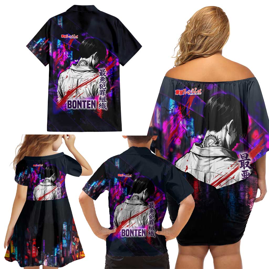 Bonten Era The Darkest Future Family Matching Off Shoulder Short Dress and Hawaiian Shirt Cyberpunk Noir Gang Art Style