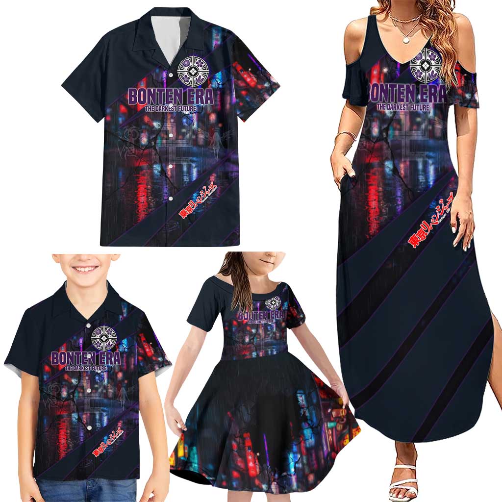 Bonten Era The Darkest Future Family Matching Summer Maxi Dress and Hawaiian Shirt Cyberpunk Noir Gang Art Style