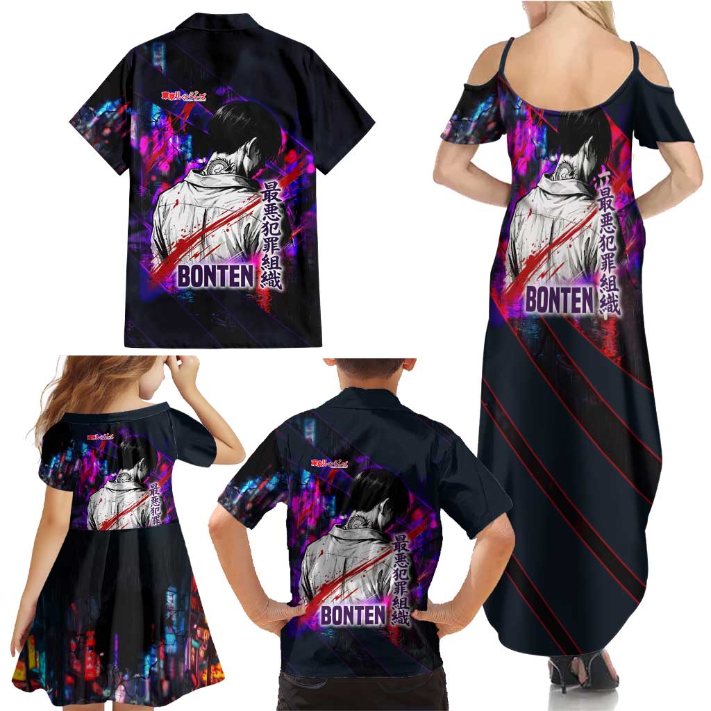 Bonten Era The Darkest Future Family Matching Summer Maxi Dress and Hawaiian Shirt Cyberpunk Noir Gang Art Style