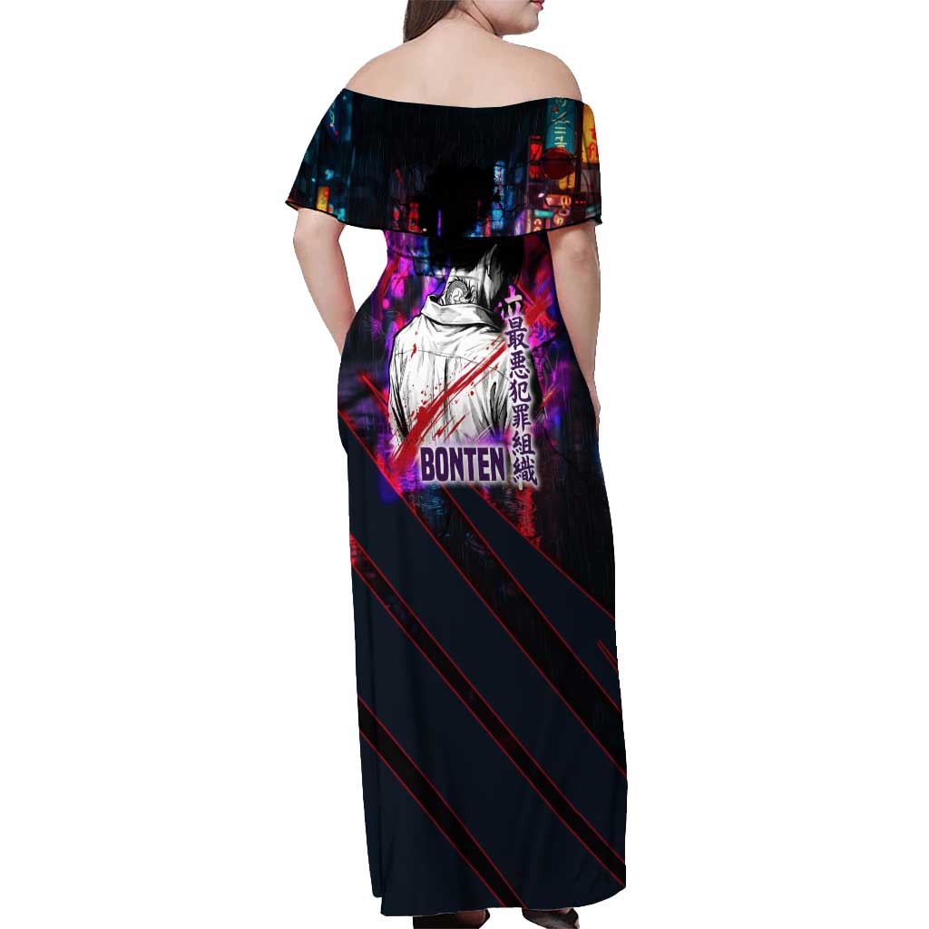 Bonten Era The Darkest Future Off Shoulder Maxi Dress Cyberpunk Noir Gang Art Style