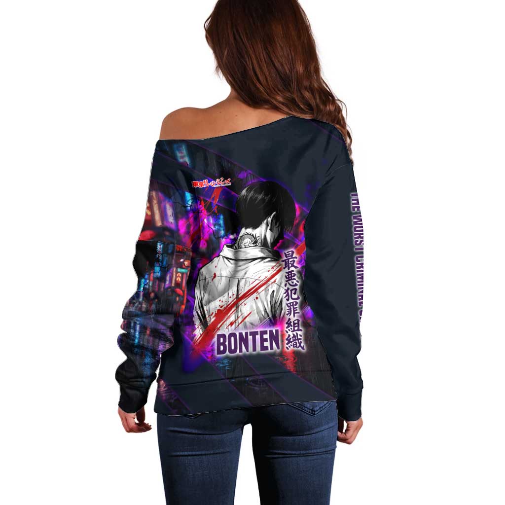 Bonten Era The Darkest Future Off Shoulder Sweater Cyberpunk Noir Gang Art Style