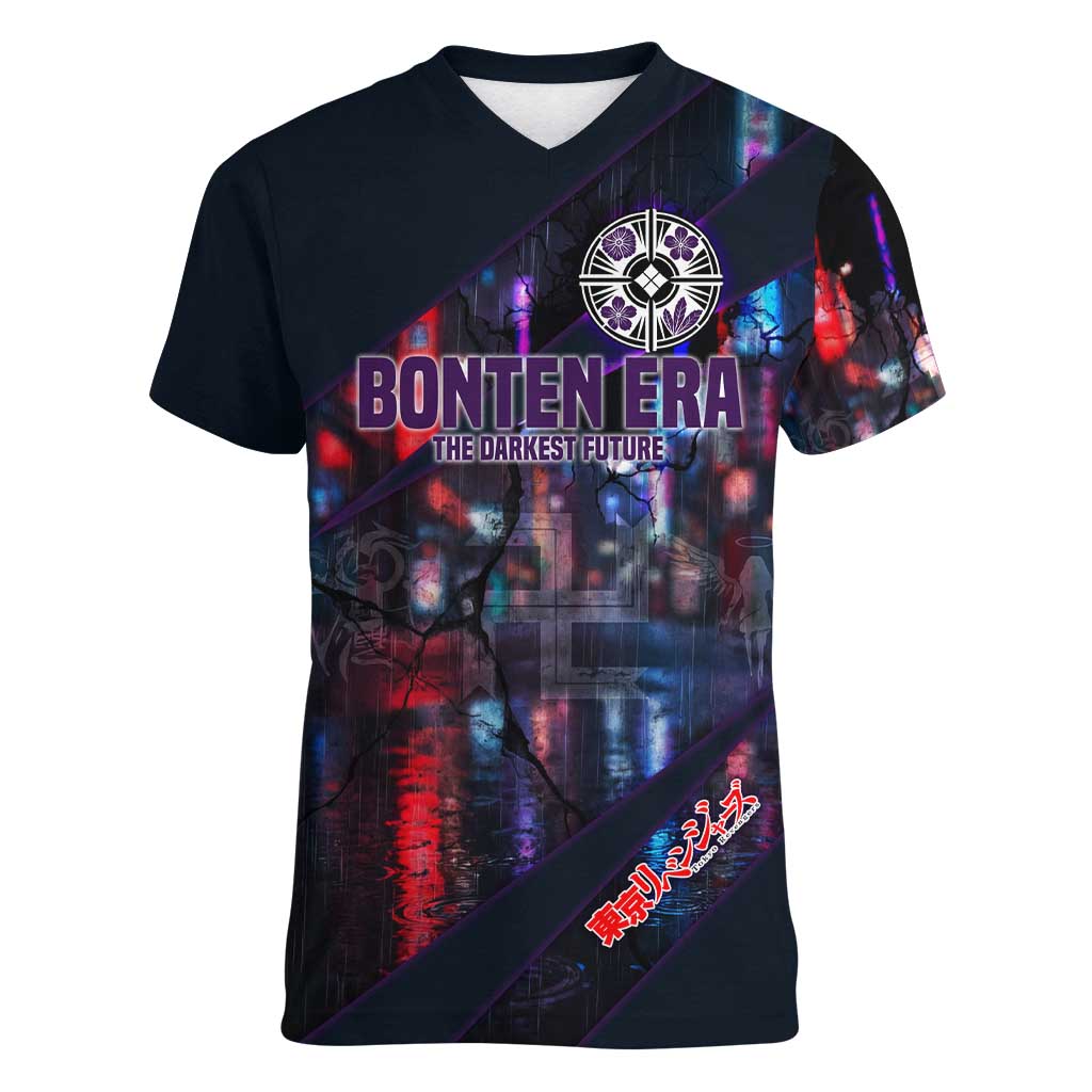 Bonten Era The Darkest Future Women V-Neck T-Shirt Cyberpunk Noir Gang Art Style