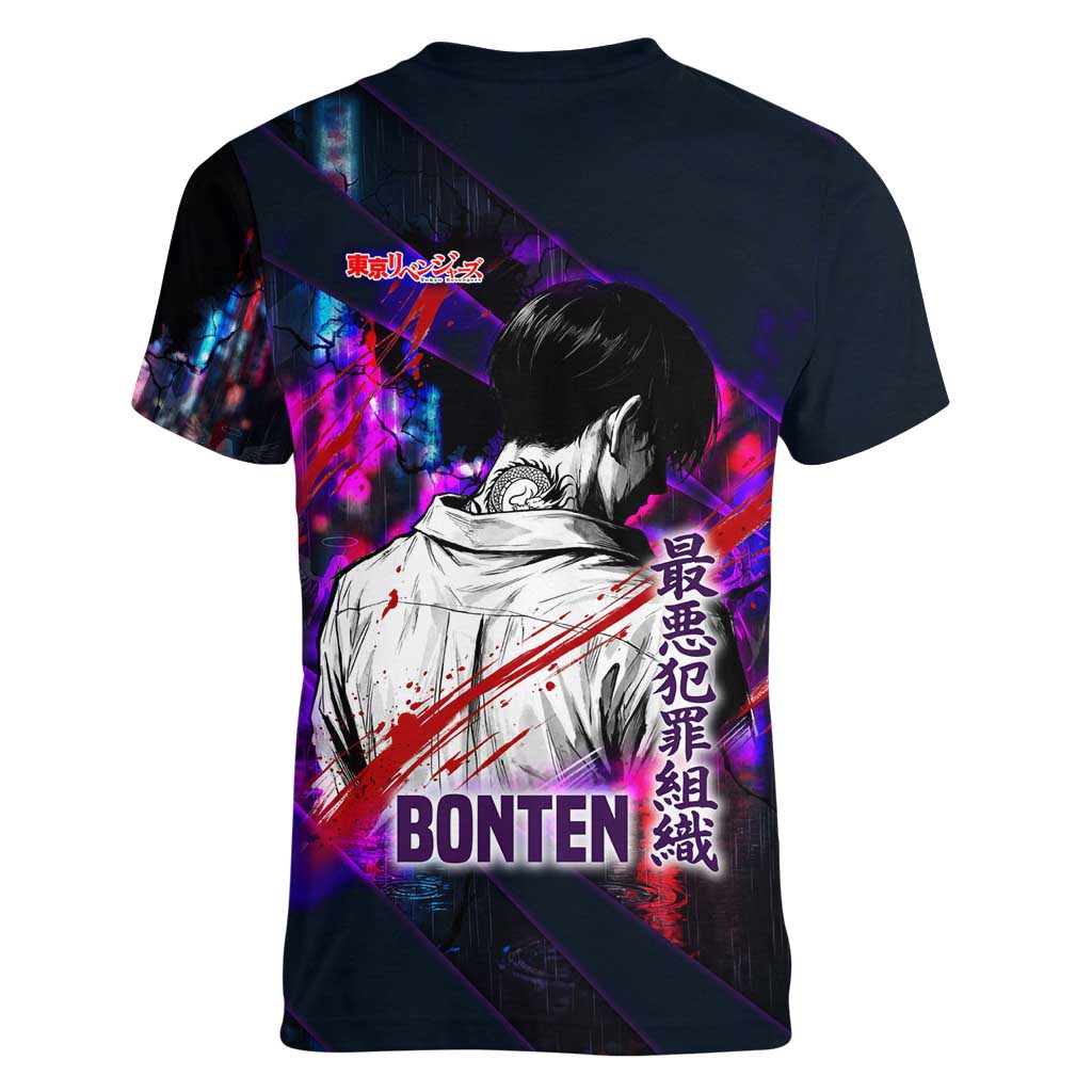 Bonten Era The Darkest Future Women V-Neck T-Shirt Cyberpunk Noir Gang Art Style