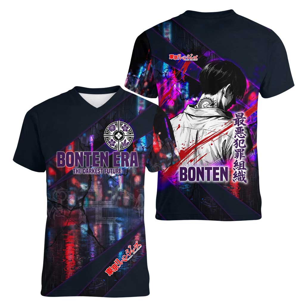 Bonten Era The Darkest Future Women V-Neck T-Shirt Cyberpunk Noir Gang Art Style