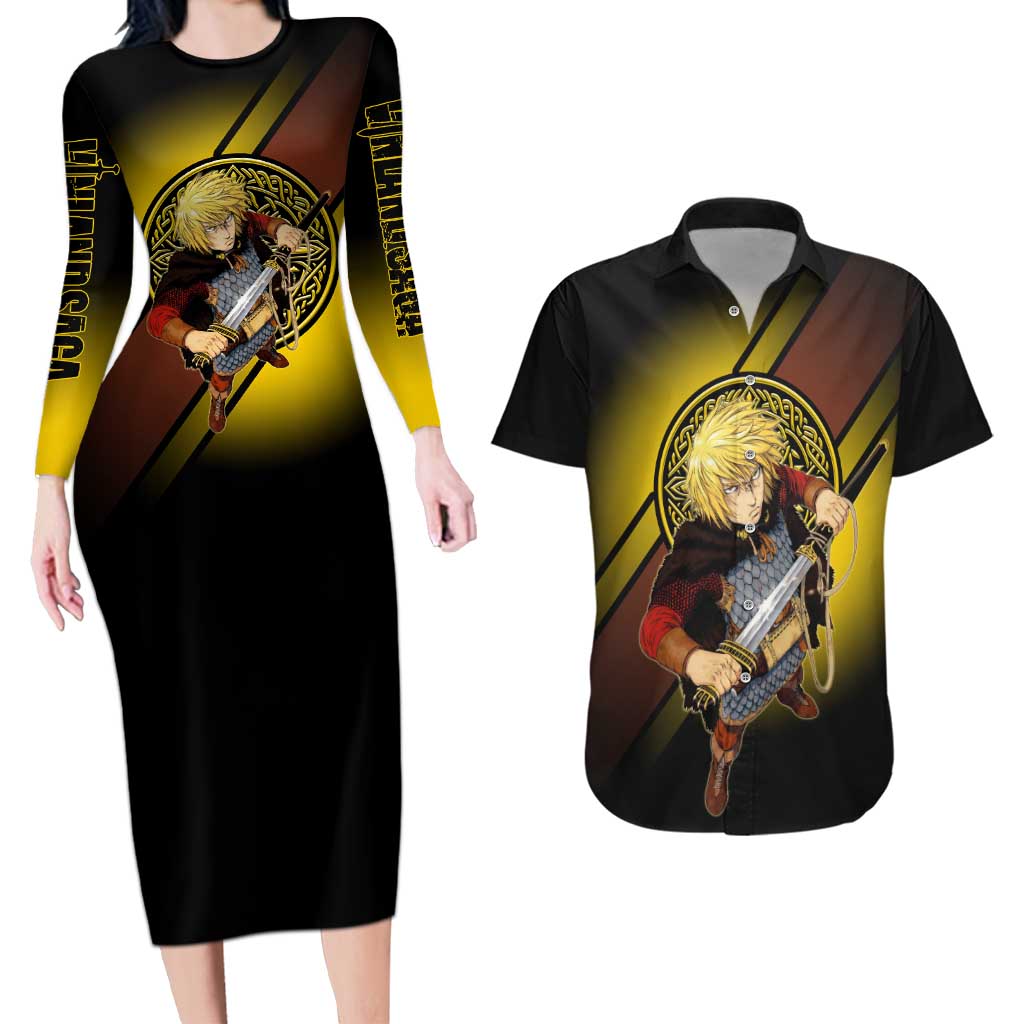 Thorfinn Norse Avenger Couples Matching Long Sleeve Bodycon Dress and Hawaiian Shirt Viking Manga Illustration Style