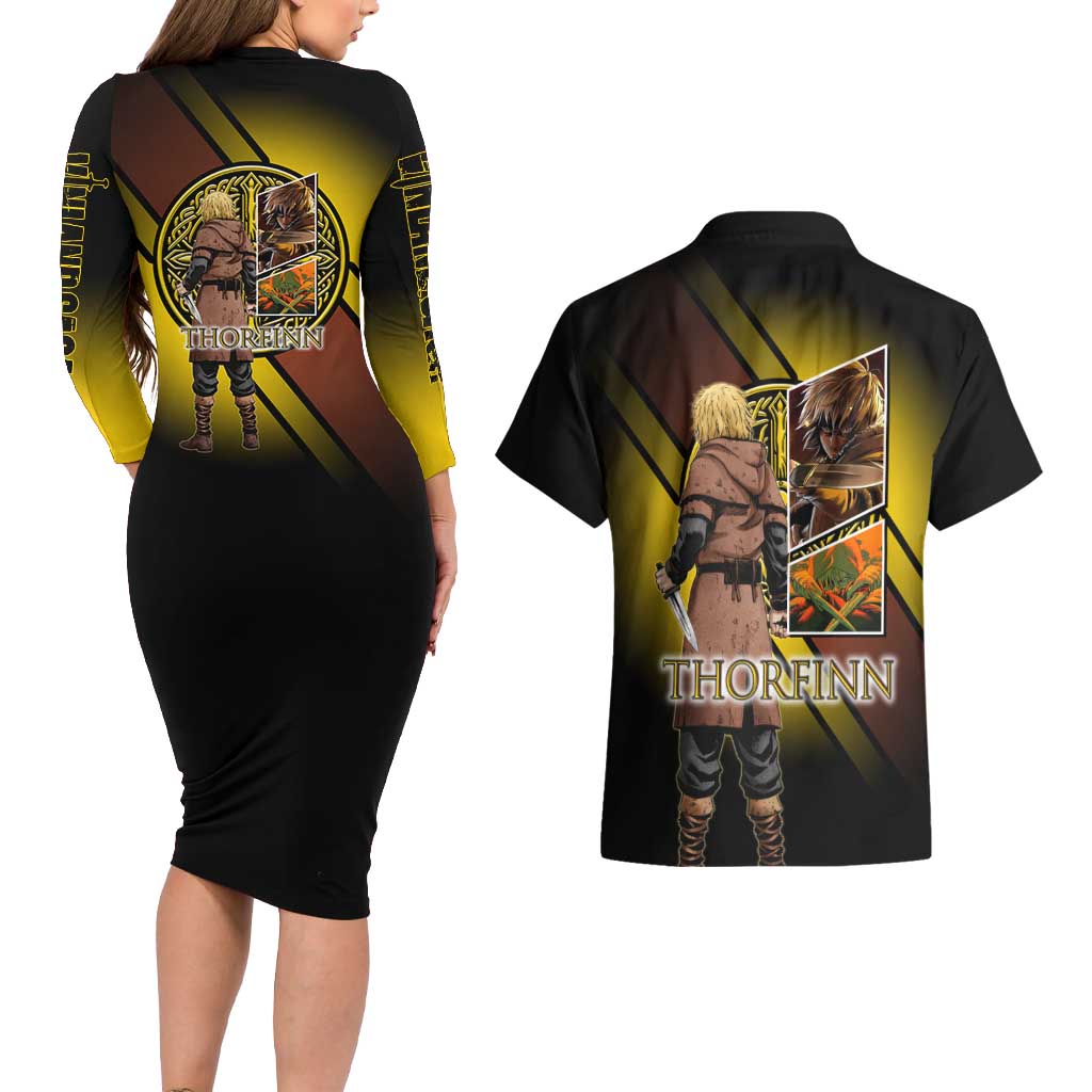 Thorfinn Norse Avenger Couples Matching Long Sleeve Bodycon Dress and Hawaiian Shirt Viking Manga Illustration Style