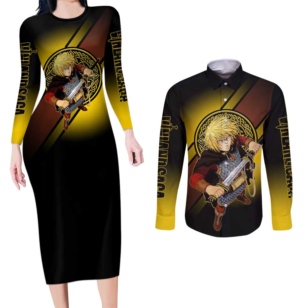 Thorfinn Norse Avenger Couples Matching Long Sleeve Bodycon Dress and Long Sleeve Button Shirt Viking Manga Illustration Style