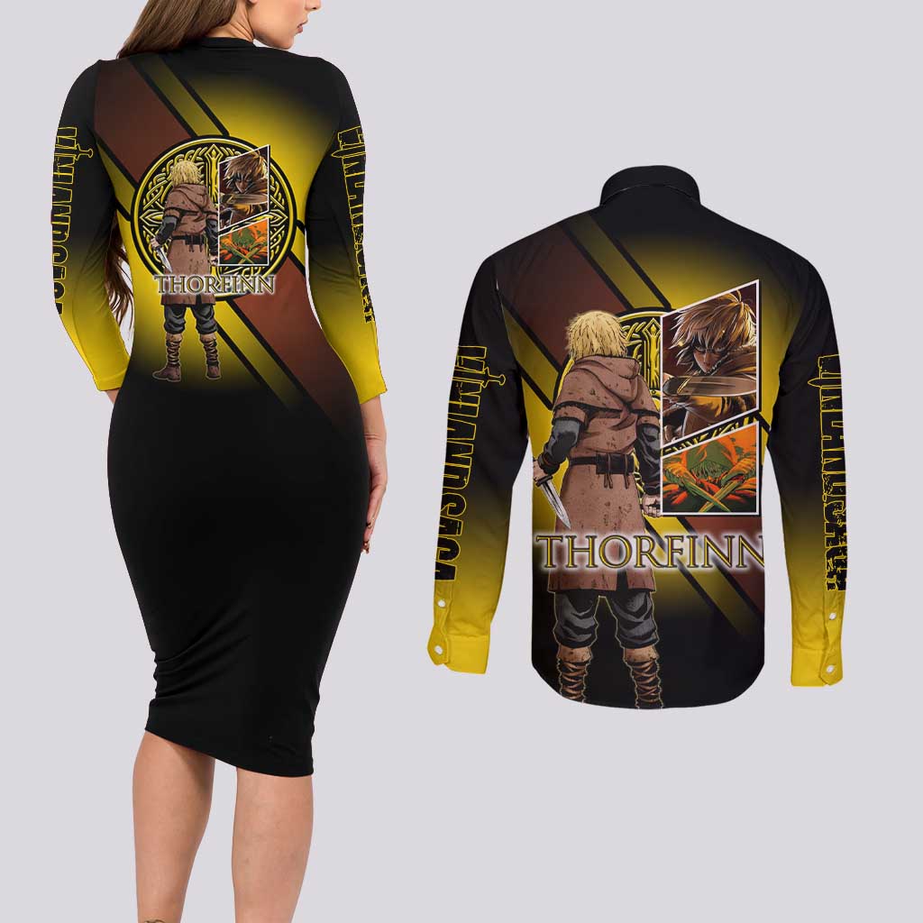 Thorfinn Norse Avenger Couples Matching Long Sleeve Bodycon Dress and Long Sleeve Button Shirt Viking Manga Illustration Style