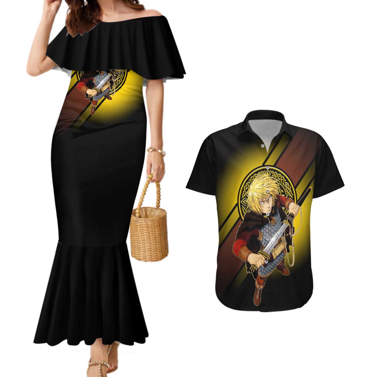 Thorfinn Norse Avenger Couples Matching Mermaid Dress and Hawaiian Shirt Viking Manga Illustration Style