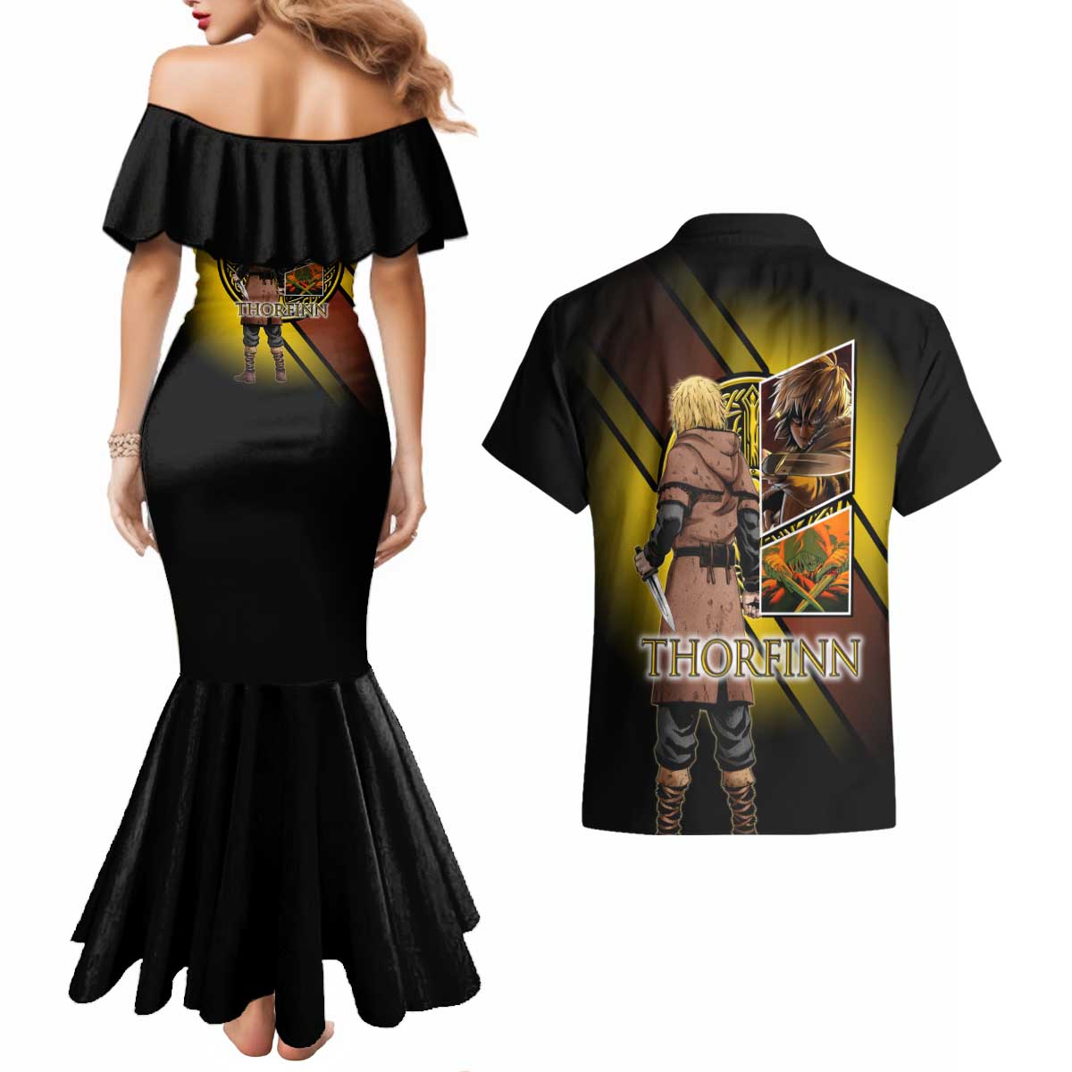 Thorfinn Norse Avenger Couples Matching Mermaid Dress and Hawaiian Shirt Viking Manga Illustration Style