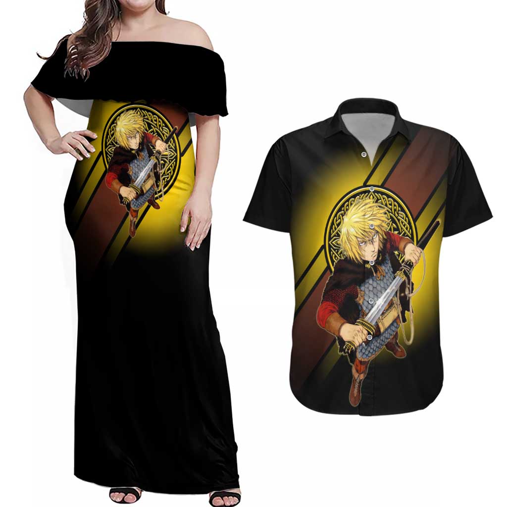 Thorfinn Norse Avenger Couples Matching Off Shoulder Maxi Dress and Hawaiian Shirt Viking Manga Illustration Style