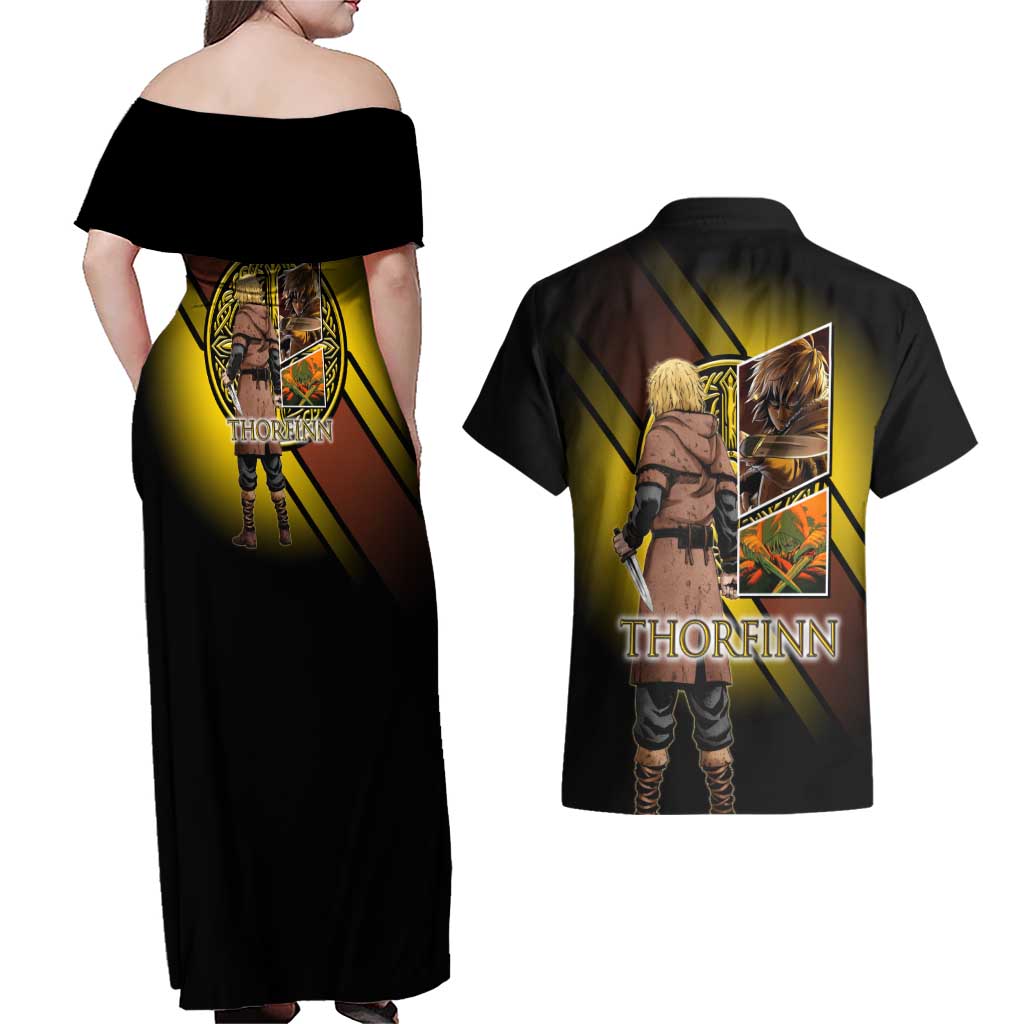 Thorfinn Norse Avenger Couples Matching Off Shoulder Maxi Dress and Hawaiian Shirt Viking Manga Illustration Style