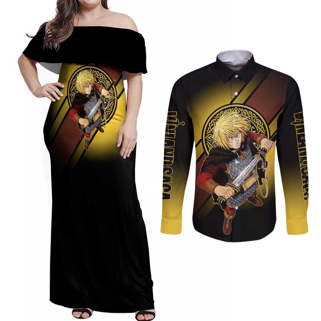 Thorfinn Norse Avenger Couples Matching Off Shoulder Maxi Dress and Long Sleeve Button Shirt Viking Manga Illustration Style