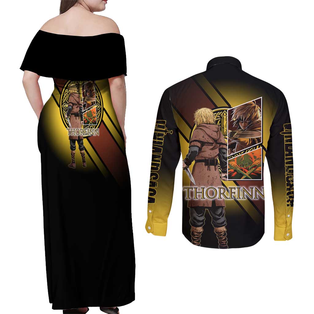 Thorfinn Norse Avenger Couples Matching Off Shoulder Maxi Dress and Long Sleeve Button Shirt Viking Manga Illustration Style