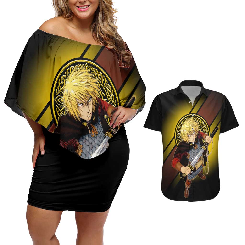 Thorfinn Norse Avenger Couples Matching Off Shoulder Short Dress and Hawaiian Shirt Viking Manga Illustration Style