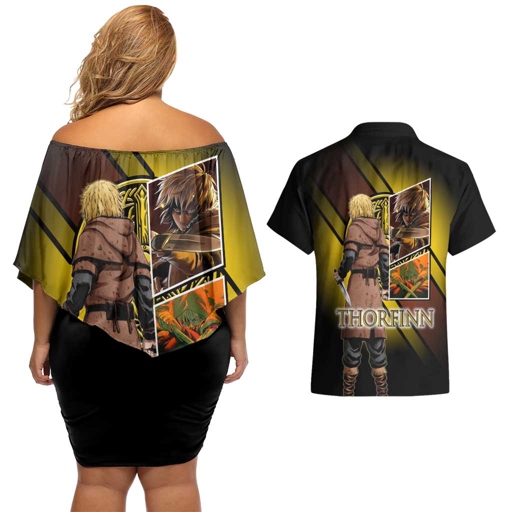 Thorfinn Norse Avenger Couples Matching Off Shoulder Short Dress and Hawaiian Shirt Viking Manga Illustration Style