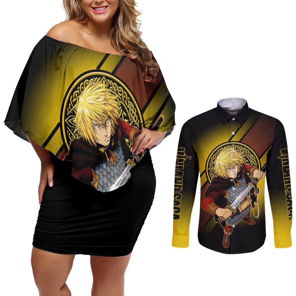 Thorfinn Norse Avenger Couples Matching Off Shoulder Short Dress and Long Sleeve Button Shirt Viking Manga Illustration Style