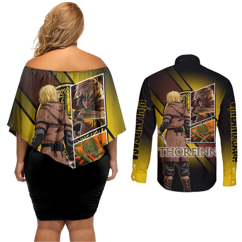 Thorfinn Norse Avenger Couples Matching Off Shoulder Short Dress and Long Sleeve Button Shirt Viking Manga Illustration Style