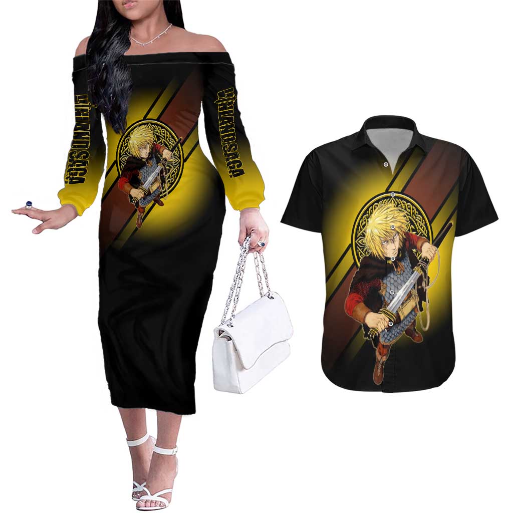 Thorfinn Norse Avenger Couples Matching Off The Shoulder Long Sleeve Dress and Hawaiian Shirt Viking Manga Illustration Style