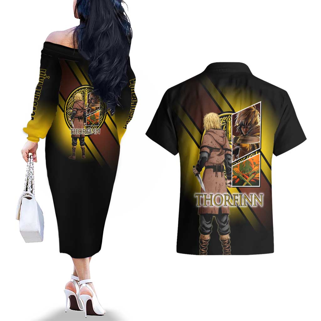Thorfinn Norse Avenger Couples Matching Off The Shoulder Long Sleeve Dress and Hawaiian Shirt Viking Manga Illustration Style